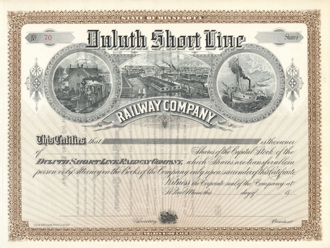 Duluth Short Line Railway Co. - Unissued Minnesota Railroad Stock Certificate - 