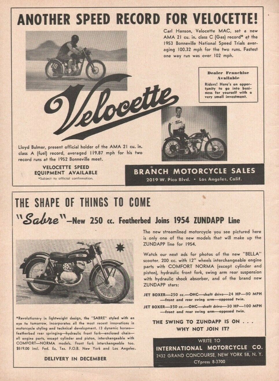 1953 Carl Hanson / Velocette at Bonneville - Vintage Motorcycle Ad