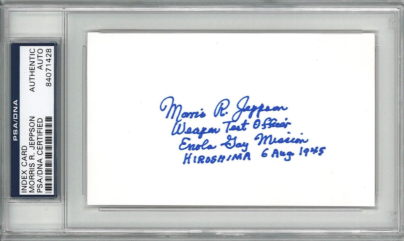 MORRIS JEPPSON SIGNED INDEX CARD PSA DNA 84071428 (D) WWII ENOLA GAY ETO
