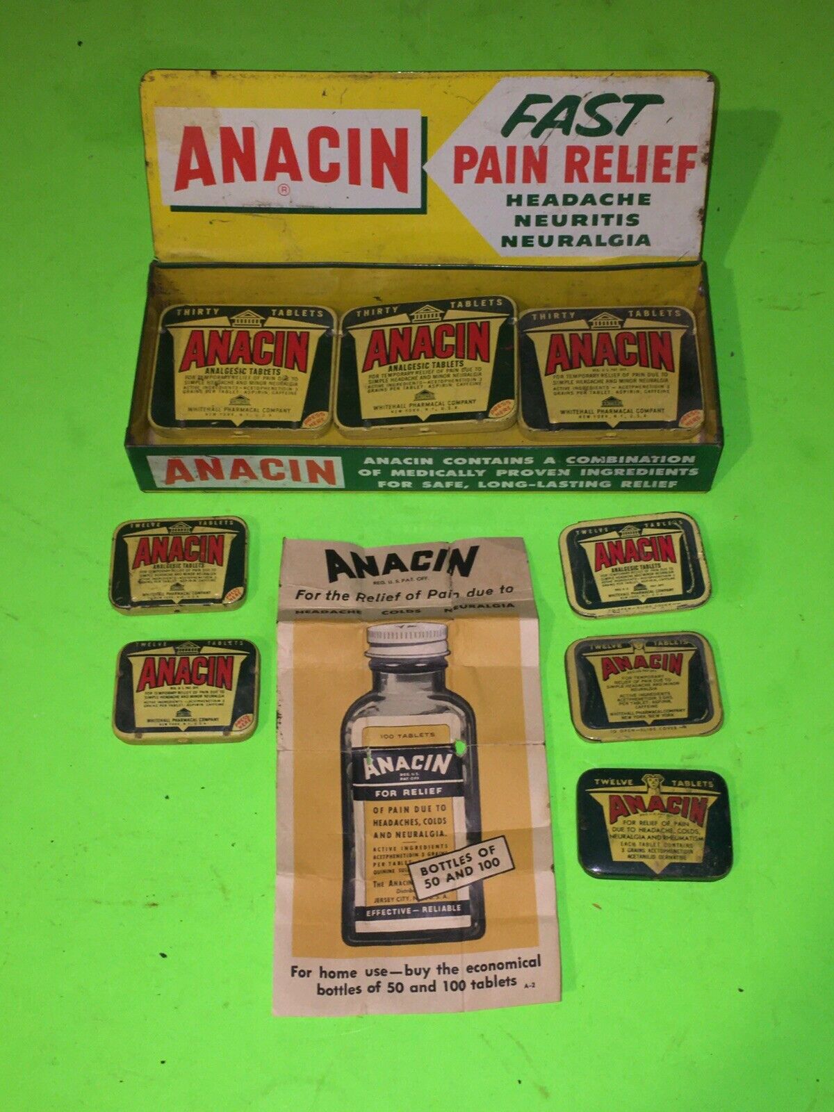 Vintage Antique Anacin Folding Store display Tin & 8 Pill Tins