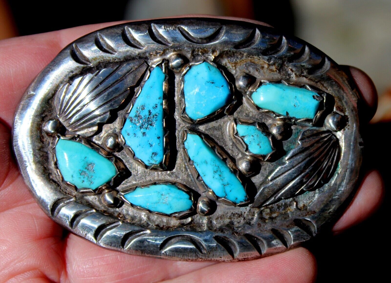 BIG Old Angie CHEAMA ZUNI Handmade Sterling Silver Turquoise Stones Belt Buckle