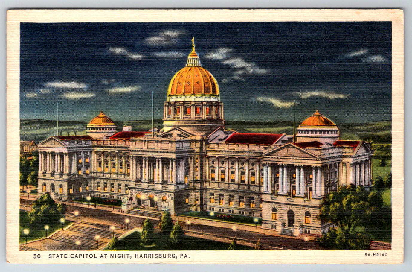 1950s State Capitol Night Harrisburg PA Vintage Postcard