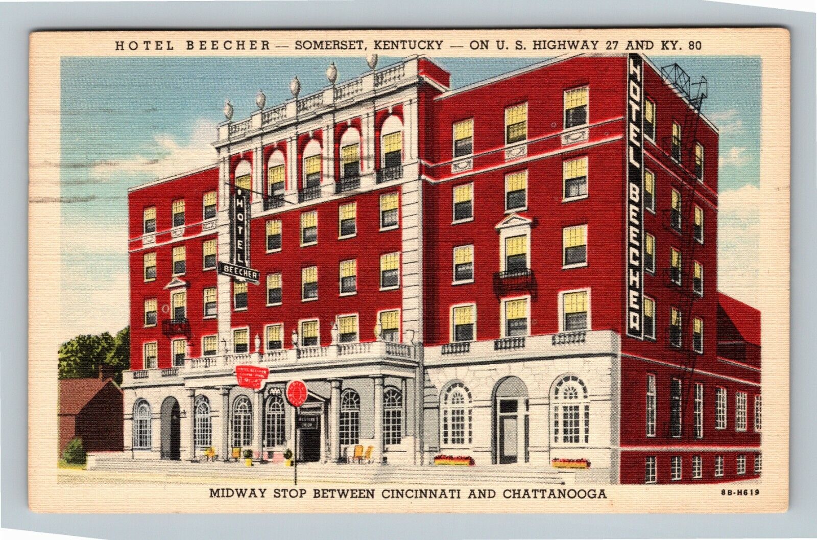 Somerset KY, Hotel Beecher, Entrance Columns, Kentucky c1949 Vintage Postcard