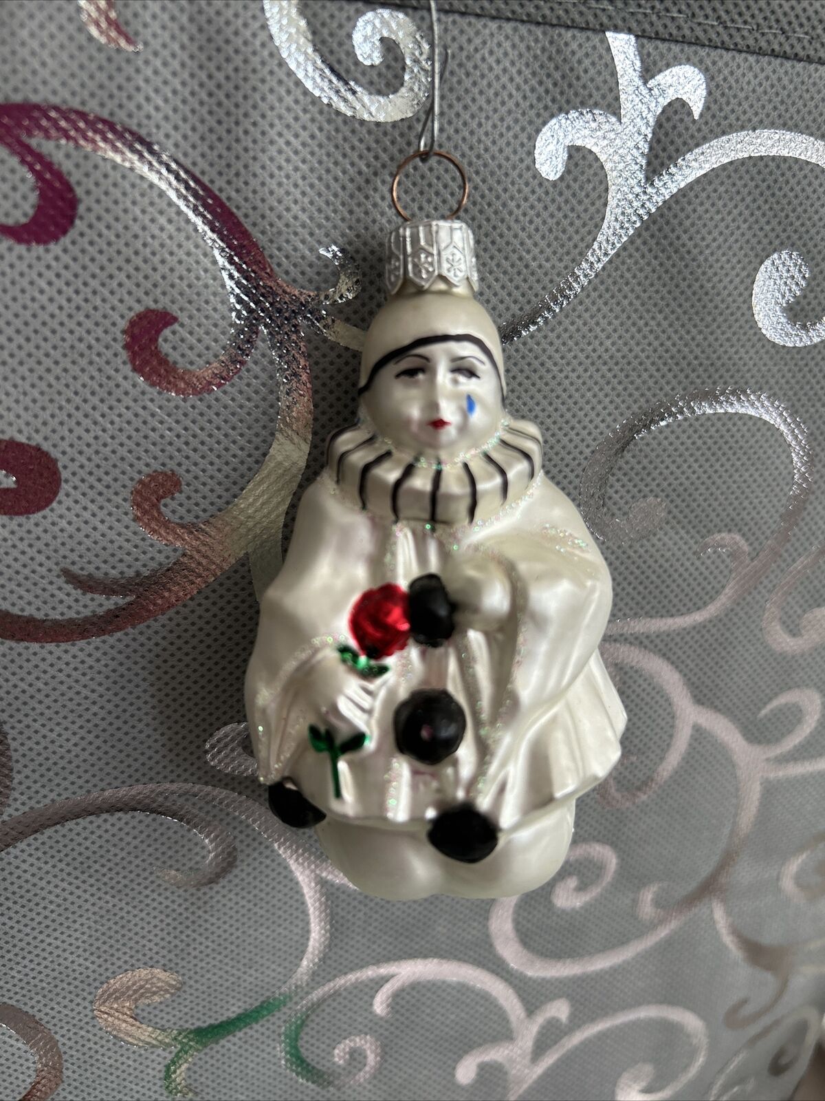 Poland Clown Christmas Ornament White Black Pierrot Mime Blown Glass 3.5\