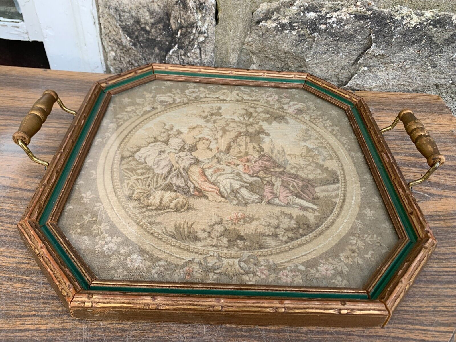 Antique Woven Tapestry Tray Art Victorian Scene French Provincial Gold Frame