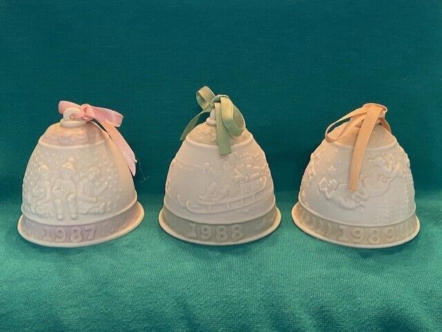Vintage Lladro Christmas Bells, set of the first 3 made dated 1987, 1988, 1989 