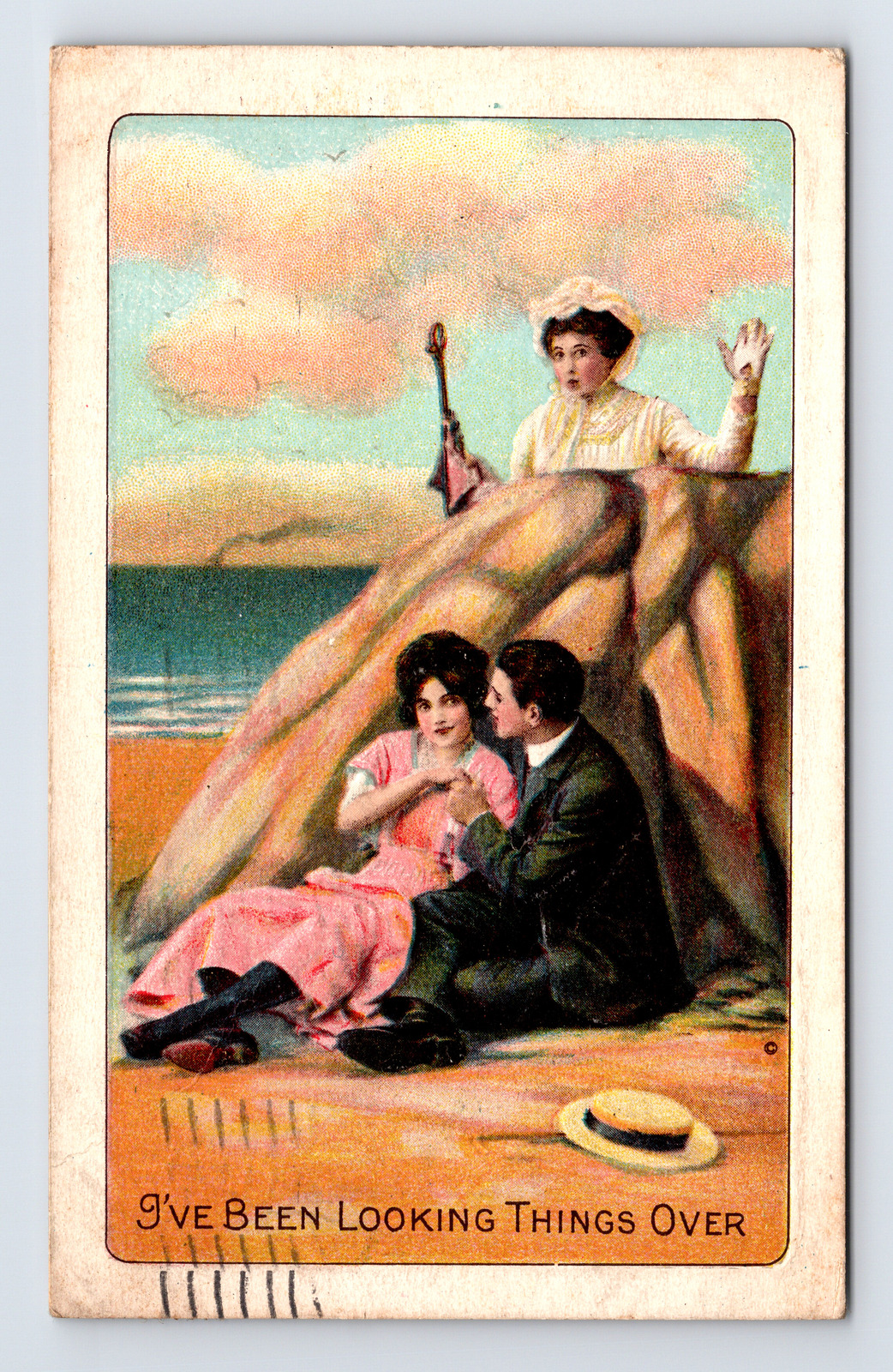 c1913 Embossed I've Been Looking Things Over Romance Couple Postcard