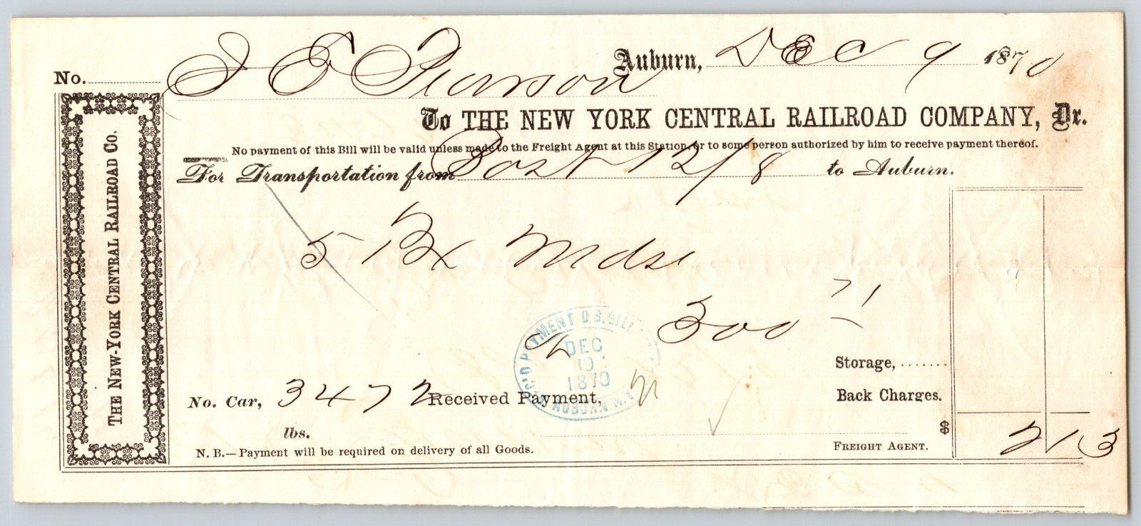 New York Central Railroad Company 1870 Freight Receipt to Auburn, NY - Scarce