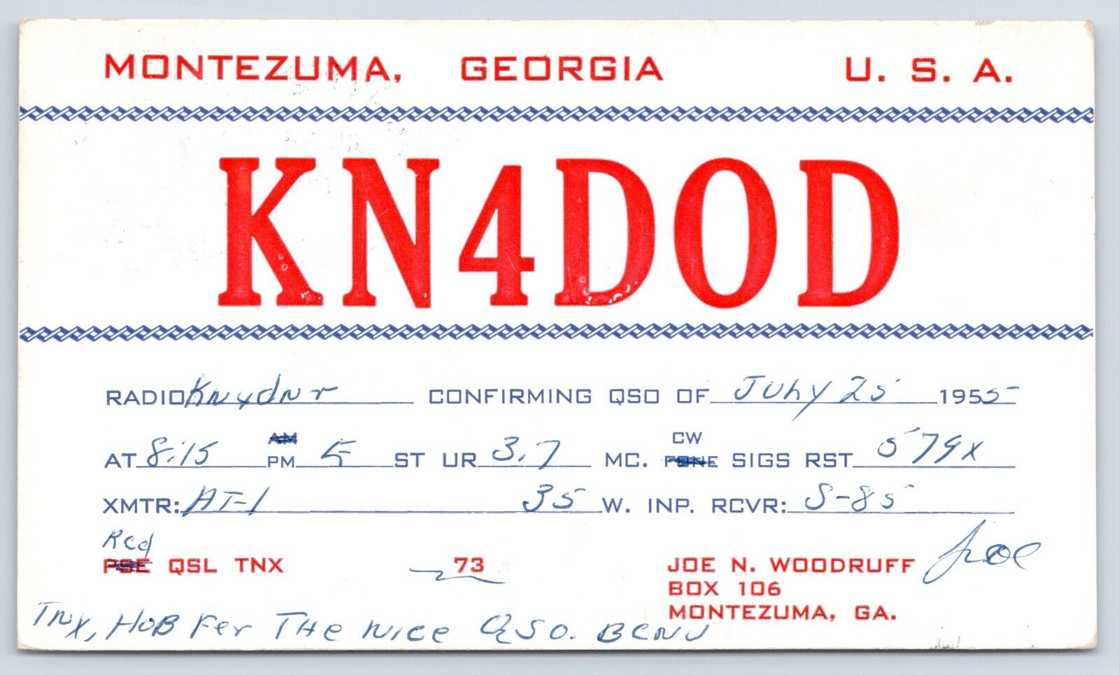 QSL CB Ham Radio Card KN4DOD Montezuma Georgia Vtg Macon County GA 1955 Card