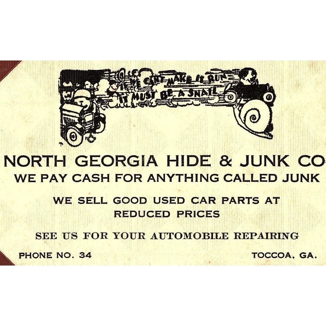 1930s TOCCOA NORTH GEORGIA HIDE & JUNK AUTO REPAIRS ADVERTISING INK BLOTTER Z108
