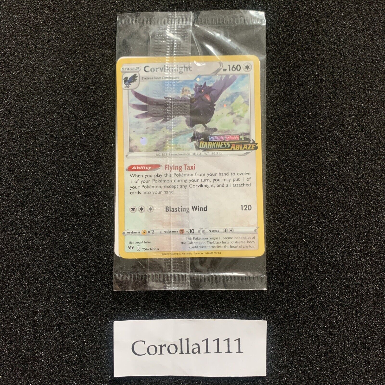 Pokemon Card Corviknight 156/189 Stamped & Sealed Promo Card Darkness Ablaze