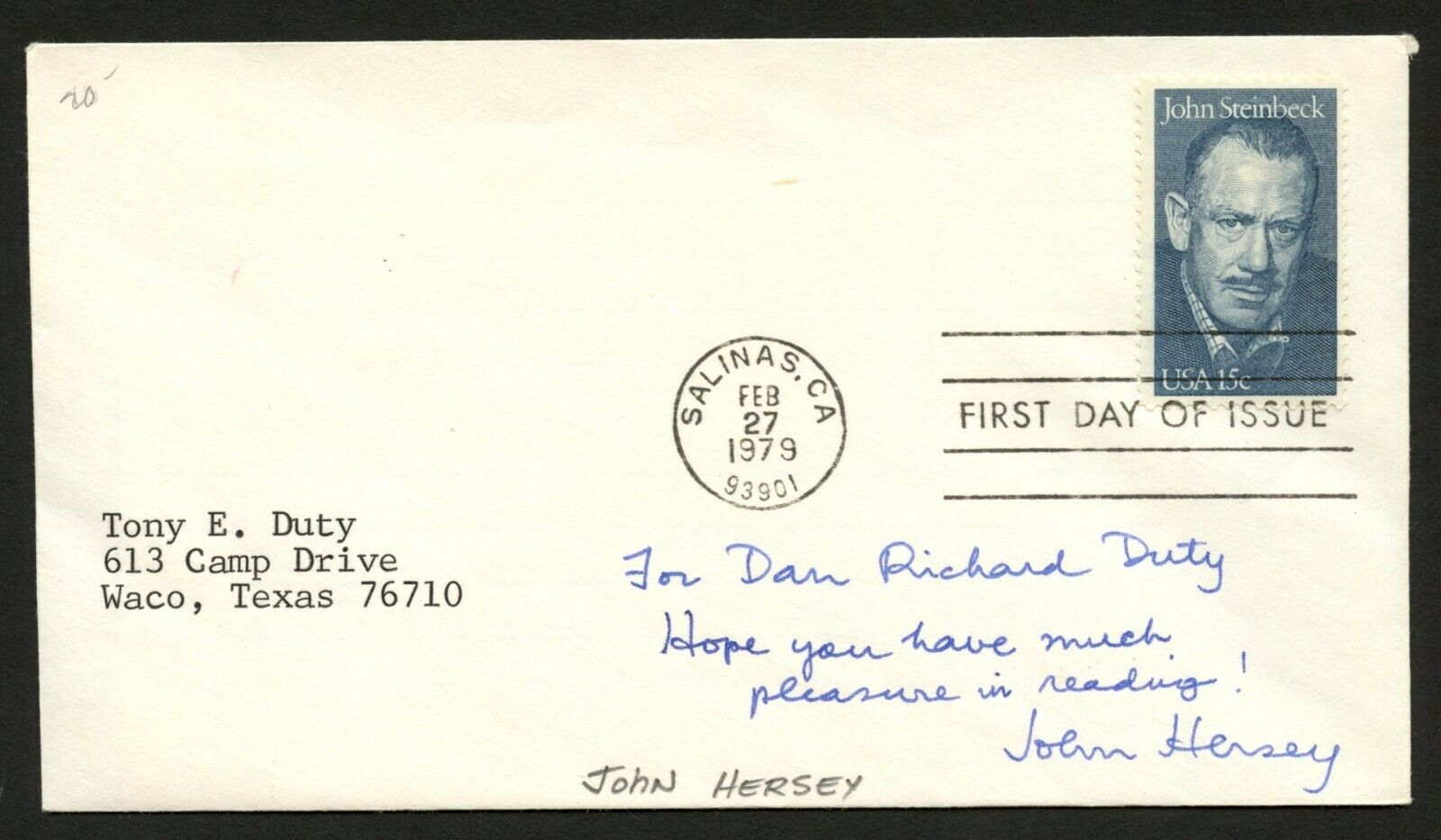 John Hersey d.1993 signed autograph auto FDC cover American Writer PC155