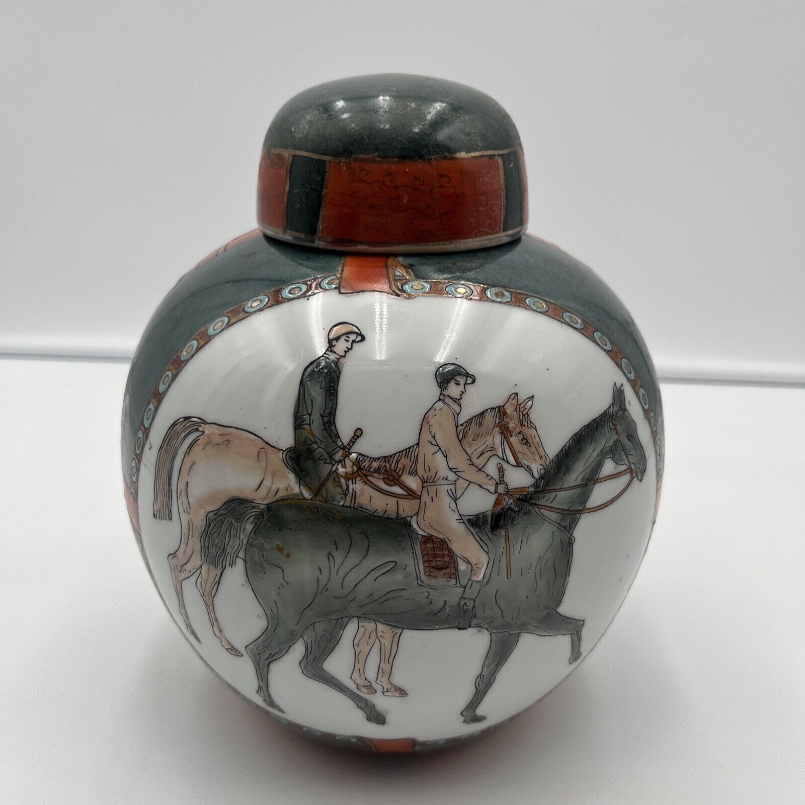 Vintage equestrian hunter covered ginger jar  hand painted - horse cookie jar