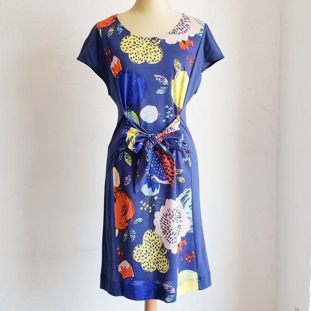Marimekko Dress Xs Blue Floral Pattern French Sleeve Thin