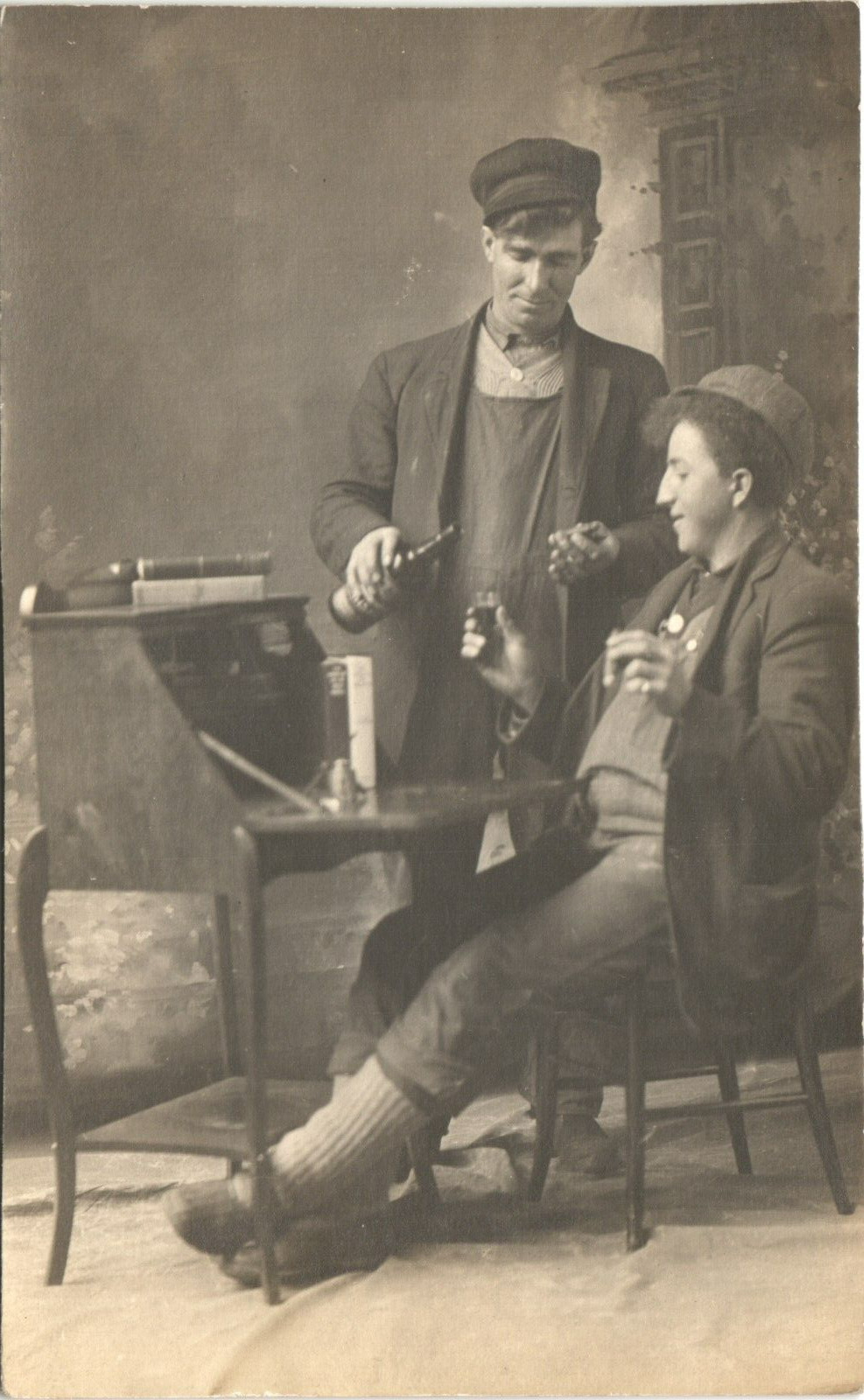 POURING A BEER antique real photo postcard rppc STUDIO PORTRAIT ALCOHOL c1910