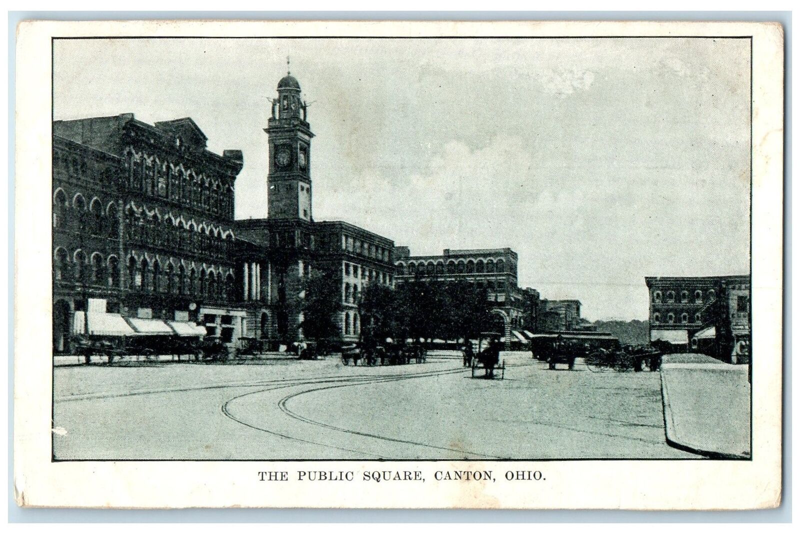 c1920's The Public Square Building Clock Tower Carriage Canton Ohio OH Postcard