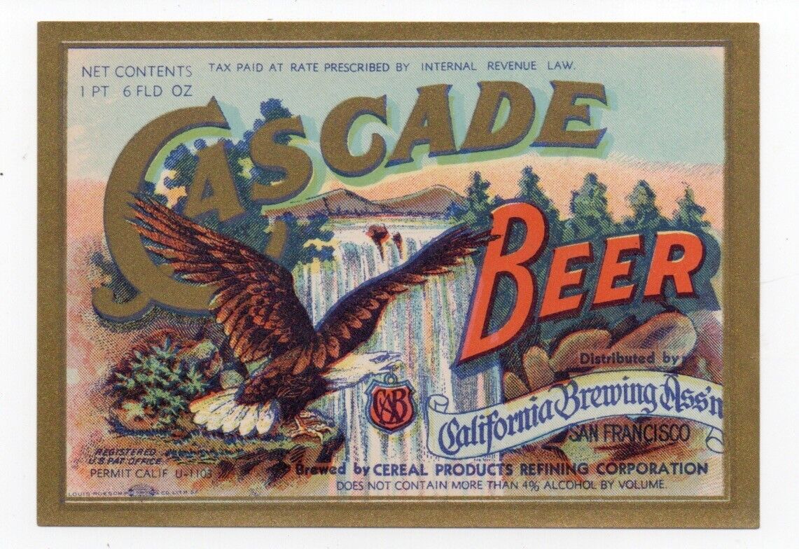 Beautiful 1920s Cascade Beer Label San Francisco with Eagle & Waterfall