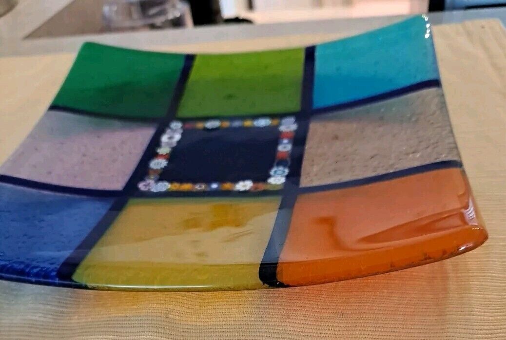 Mid Century Modern Murano Style Millifiori Art Glass Square Tray Dish Multicolor