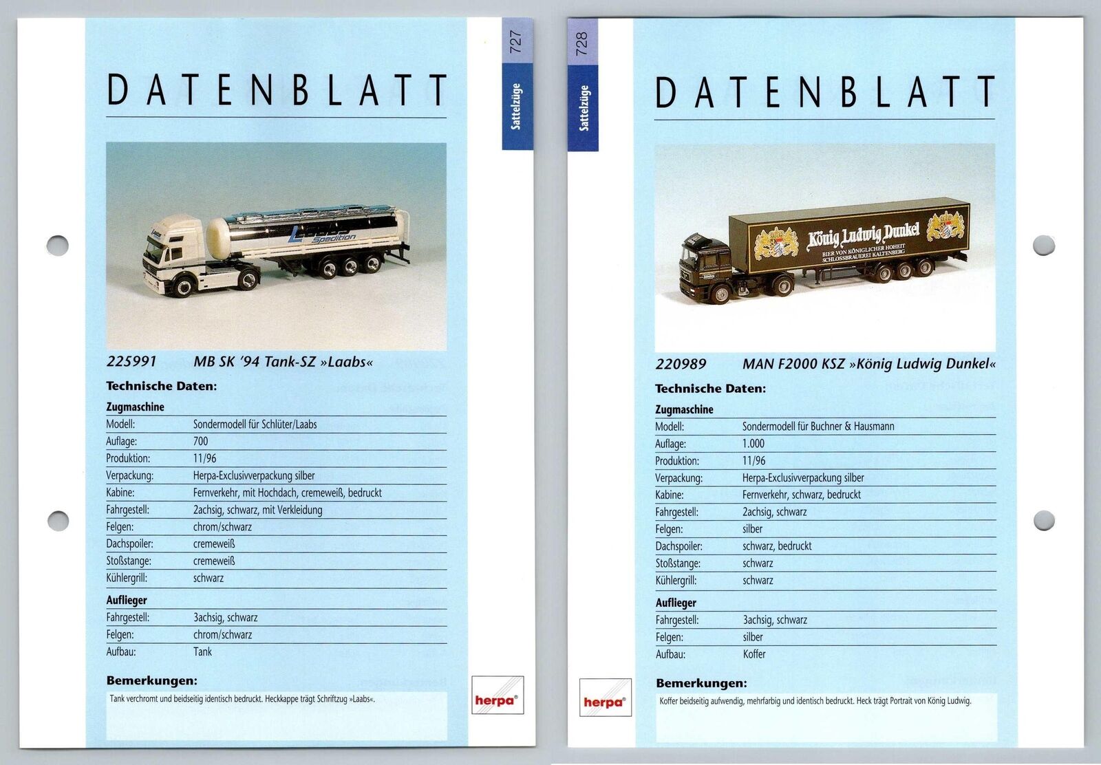 MB SK \'94 Tank / MAN F2000 #727/8 Sattelzuge Datenblatt - Herpa Data Sheet