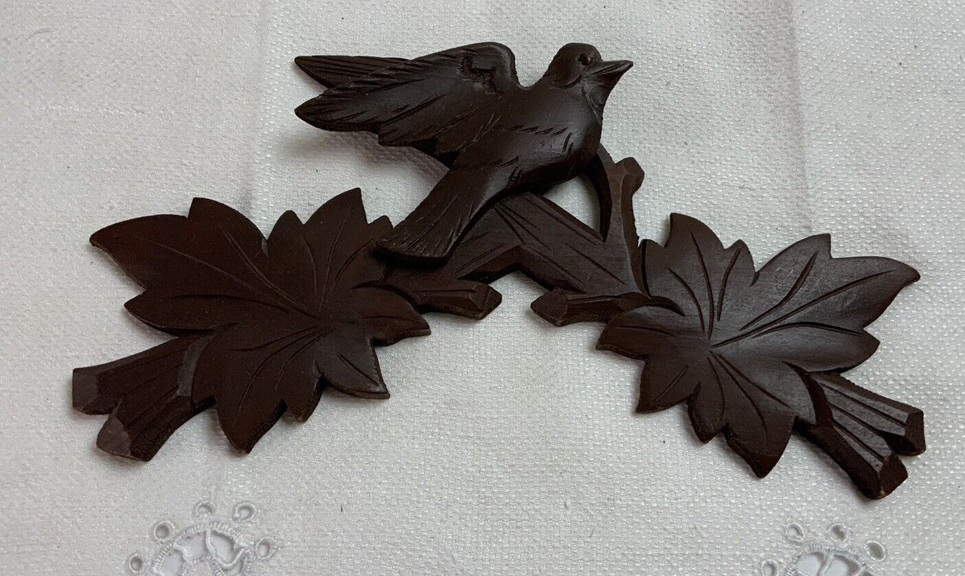 Vintage Wood Carved Birds With Leaves, Dark Brown, Germany, From Cuckoo Clock