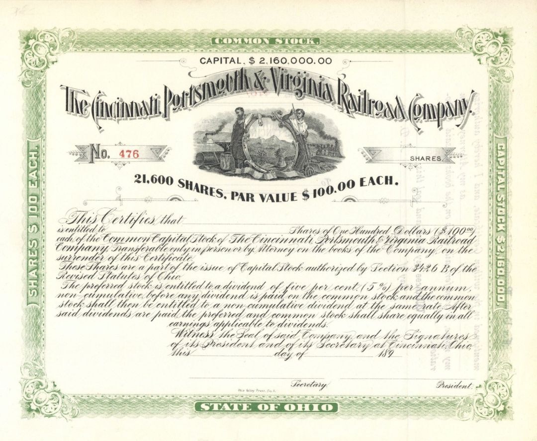 Cincinnati, Portsmouth and Virginia Railroad Co. - Unissued Railroad Stock Certi