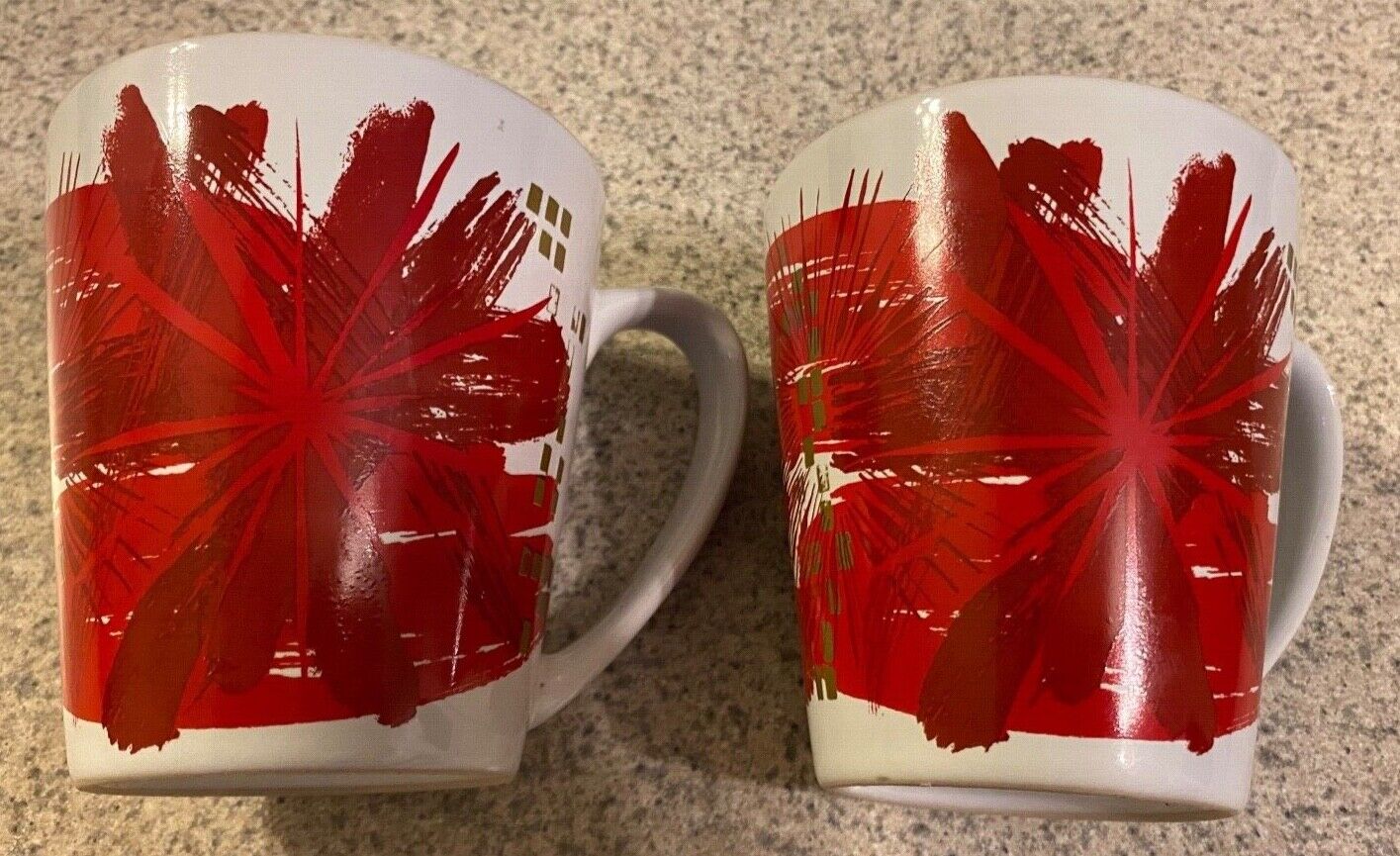 Pair of Starbucks Coffee Mugs White w/ Red Starburst 11 oz 2014 edition