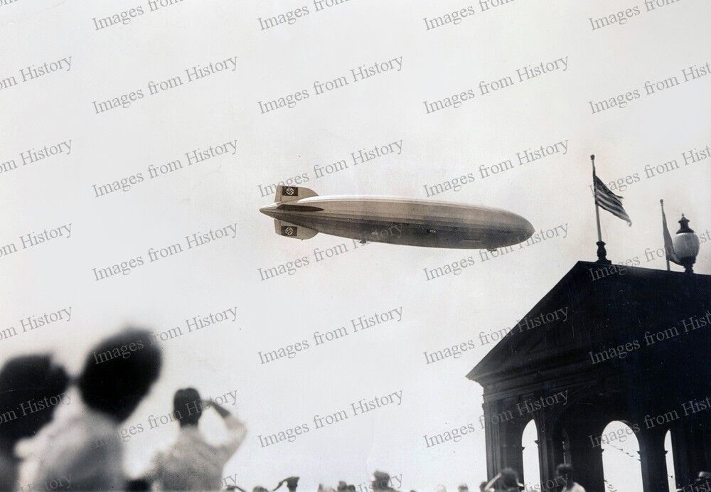 8x10 Print Hindenburg LZ 129 Above U.S. Flag Over Airfield 1937 #3526