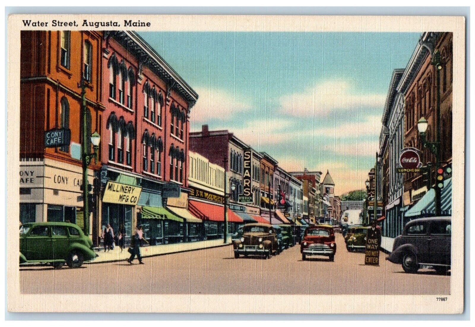 1954 Water Street Cars Cony Cafe Sears Coca Cola Augusta Maine ME Postcard