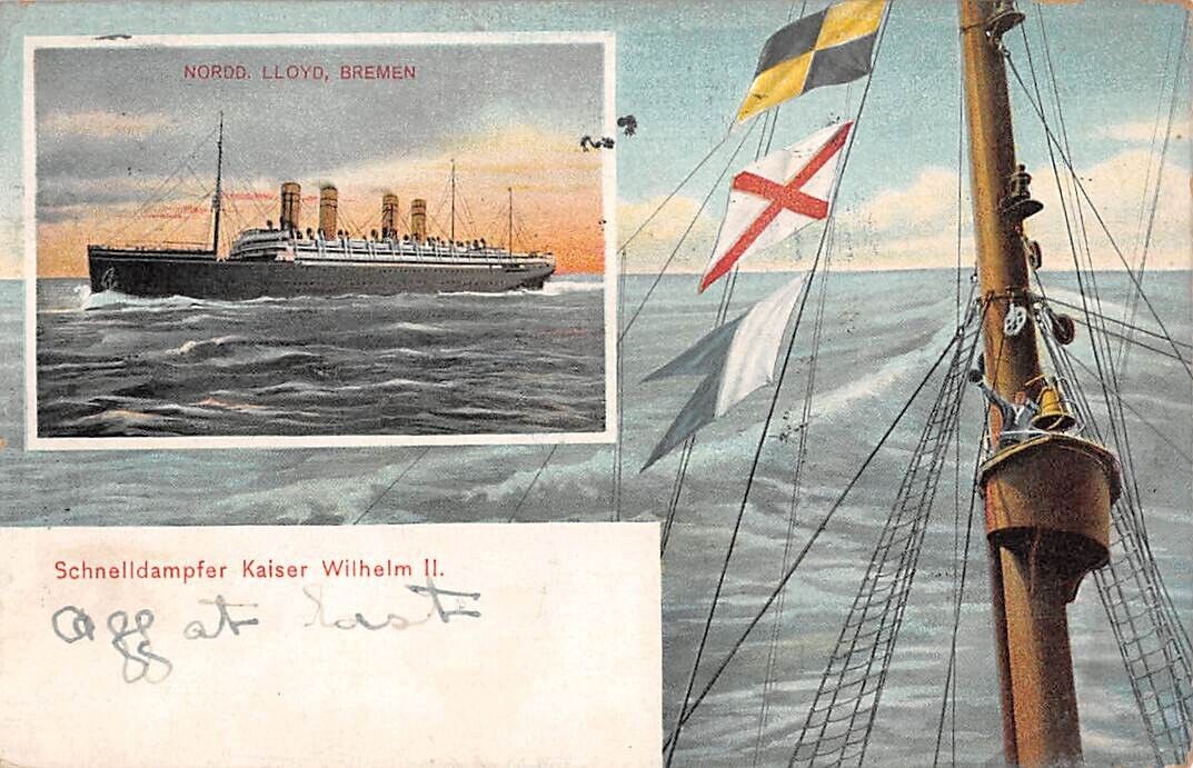 SS KAISER WILHELM II AT SEA, NORD-DEUTSCHER LLOYD SHIP LINE, FLAGS ~ used 1906