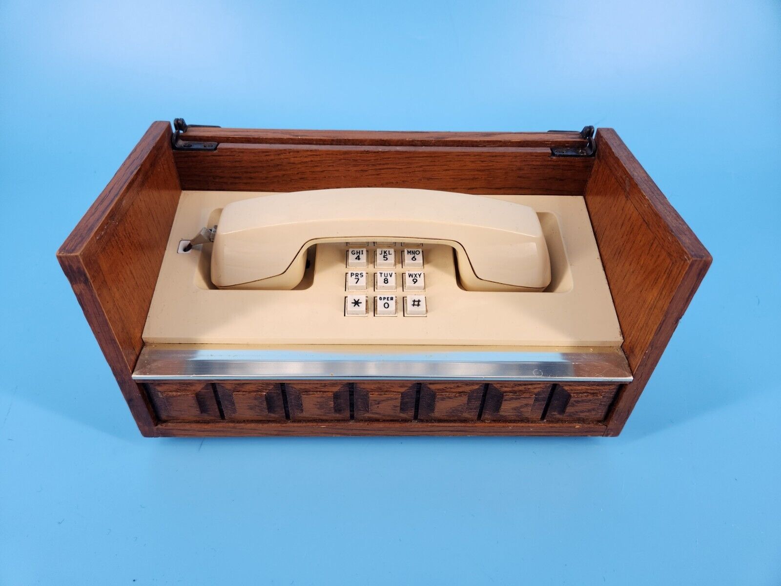 Vintage Wooden Box Hidden Executive Desk Top Push Button Dial Telephone TESTED