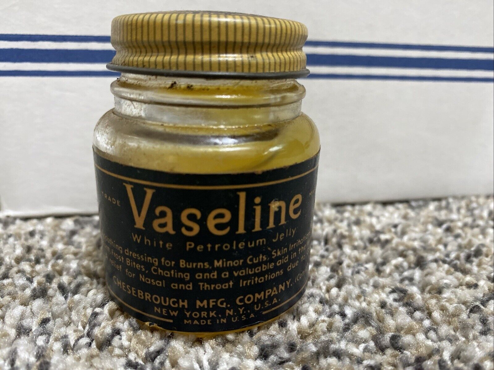 Vintage VASELINE White Petroleum Jelly Glass Blue Seal Jar