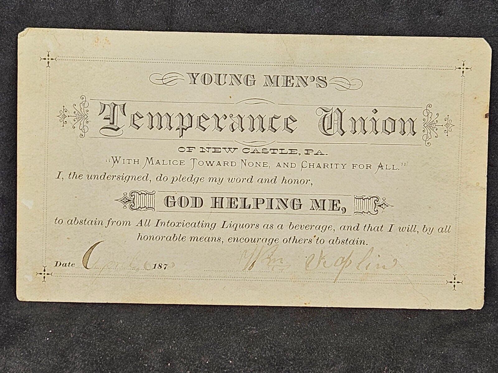 1870s YOUNG MEN'S Temperance Union Pledge Card New Castle, PA