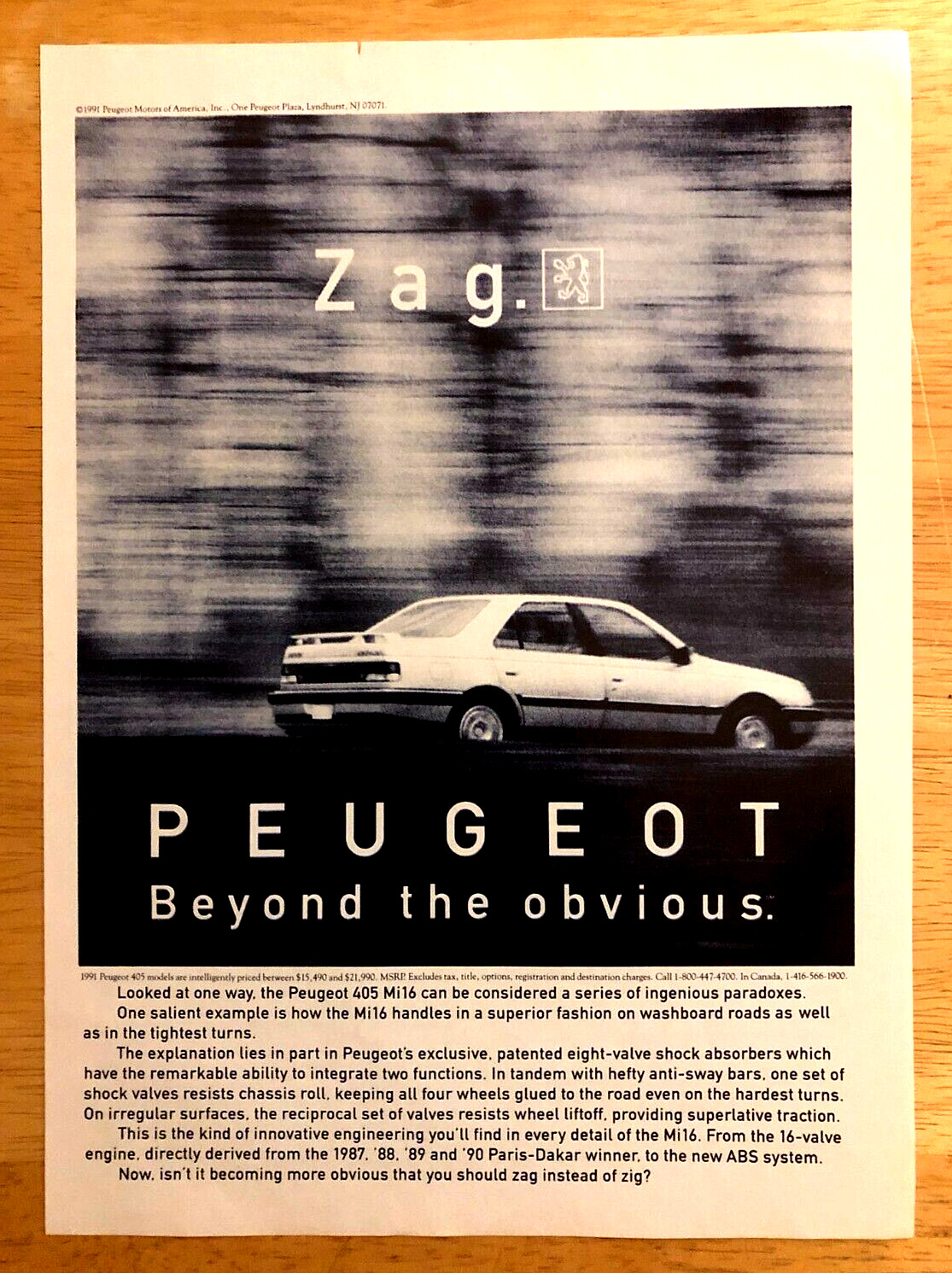 1991 PEUGEOT 405 SEDAN—VINTAGE MAGAZINE PRINT ADVERTISING AD