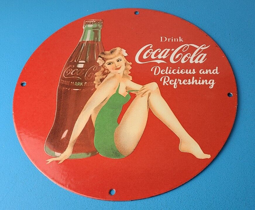 Vintage Coca Cola Porcelain Sign - Glass Bottle Cap Gas Pump Plate Service Sign