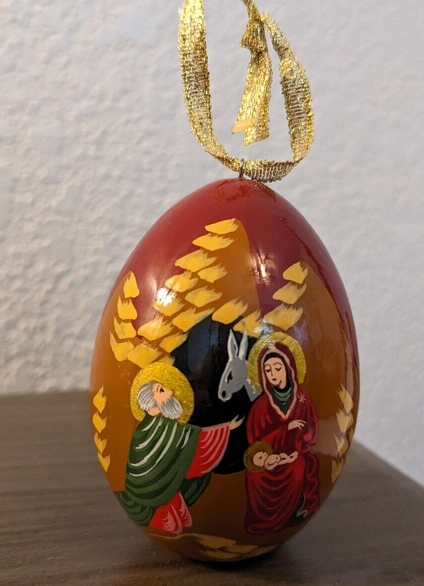 Russian Folk Art Painted Wood Egg Depicting The Holy Family