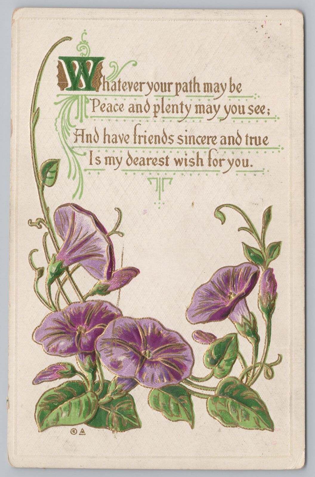 Greetings~Purple Morning Glories~Gold Calligraphy~Embossed Vintage Postcard