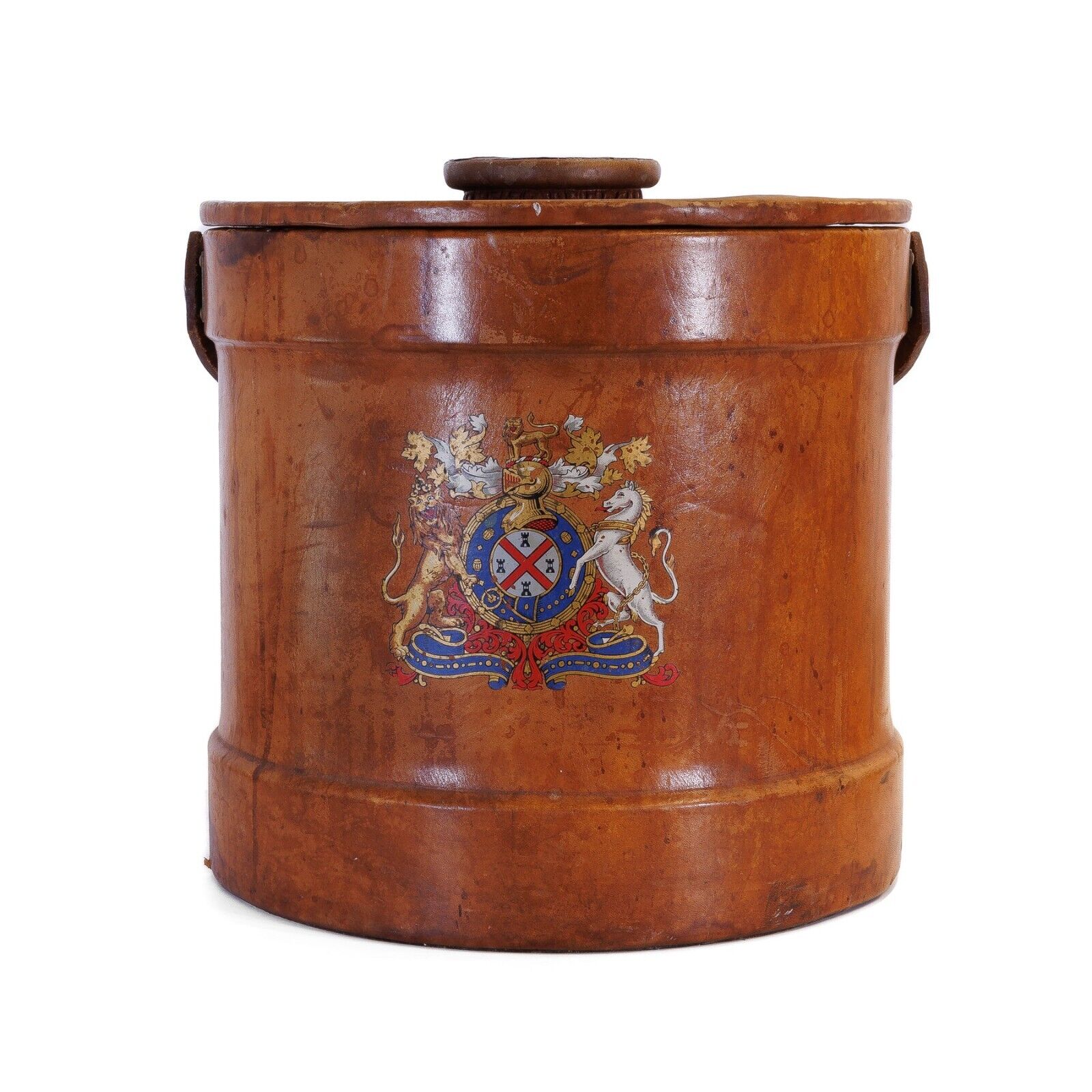 Massive Antique Leather Ice Bucket with Royal Coat of Arms