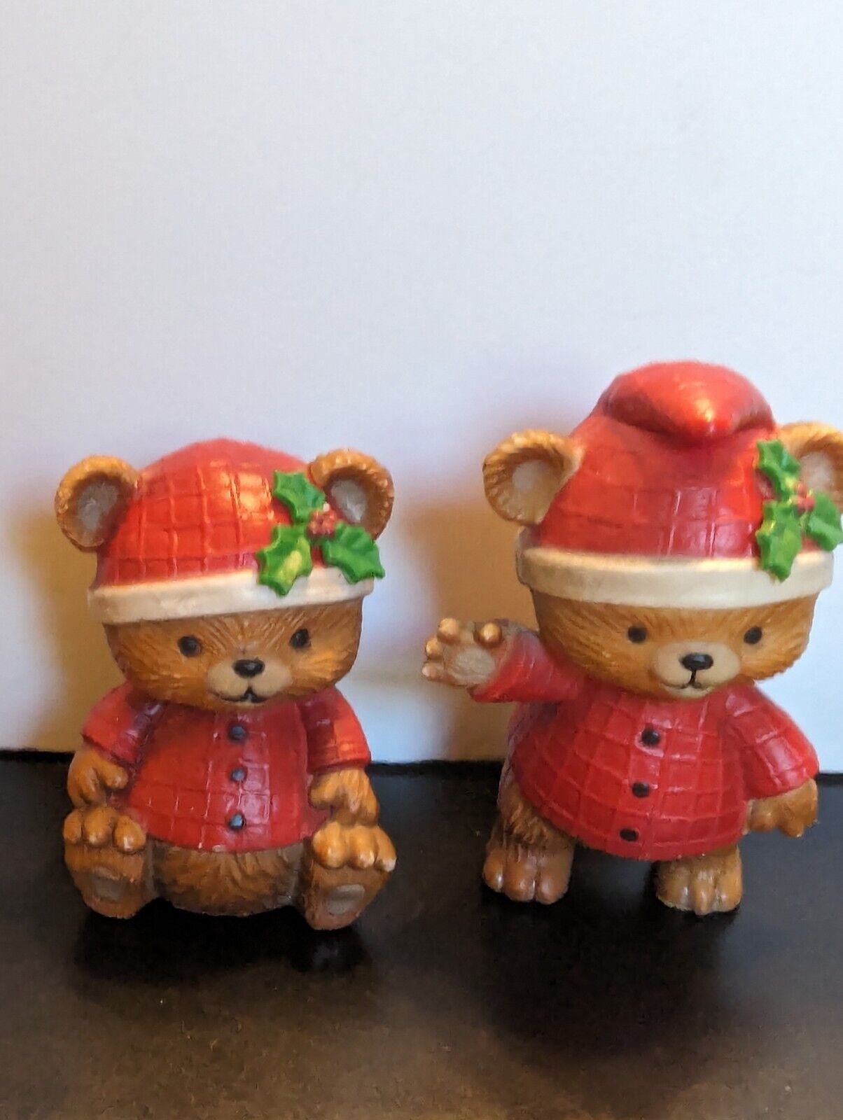 Vintage Plastic Teddy Bears in Red Pajamas and Hats with Holly, Unbranded, Made