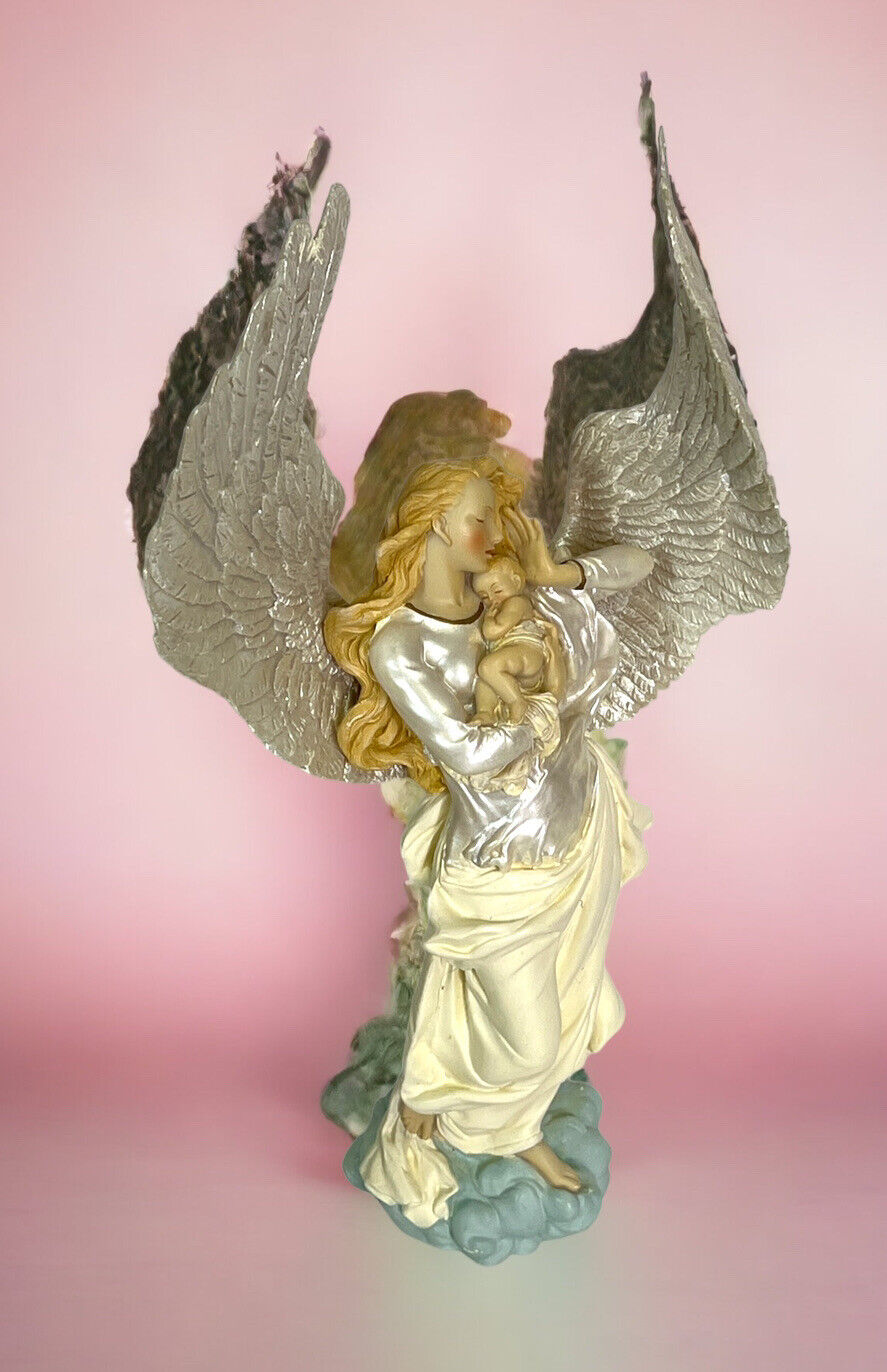 Exquisite Guardian Angel Holding Baby Figurine Large Wingspan Vintage 
