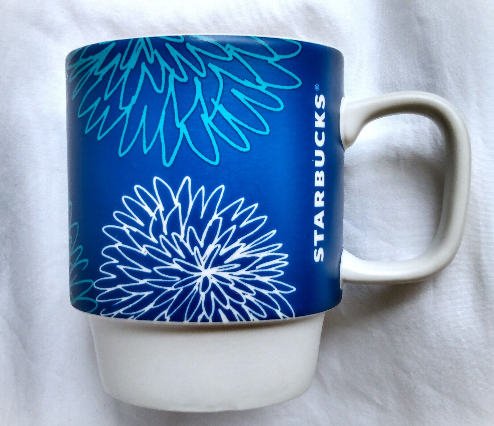 Starbucks Blue Pom Floral Flower Stackable Coffee Mug 2016 12oz