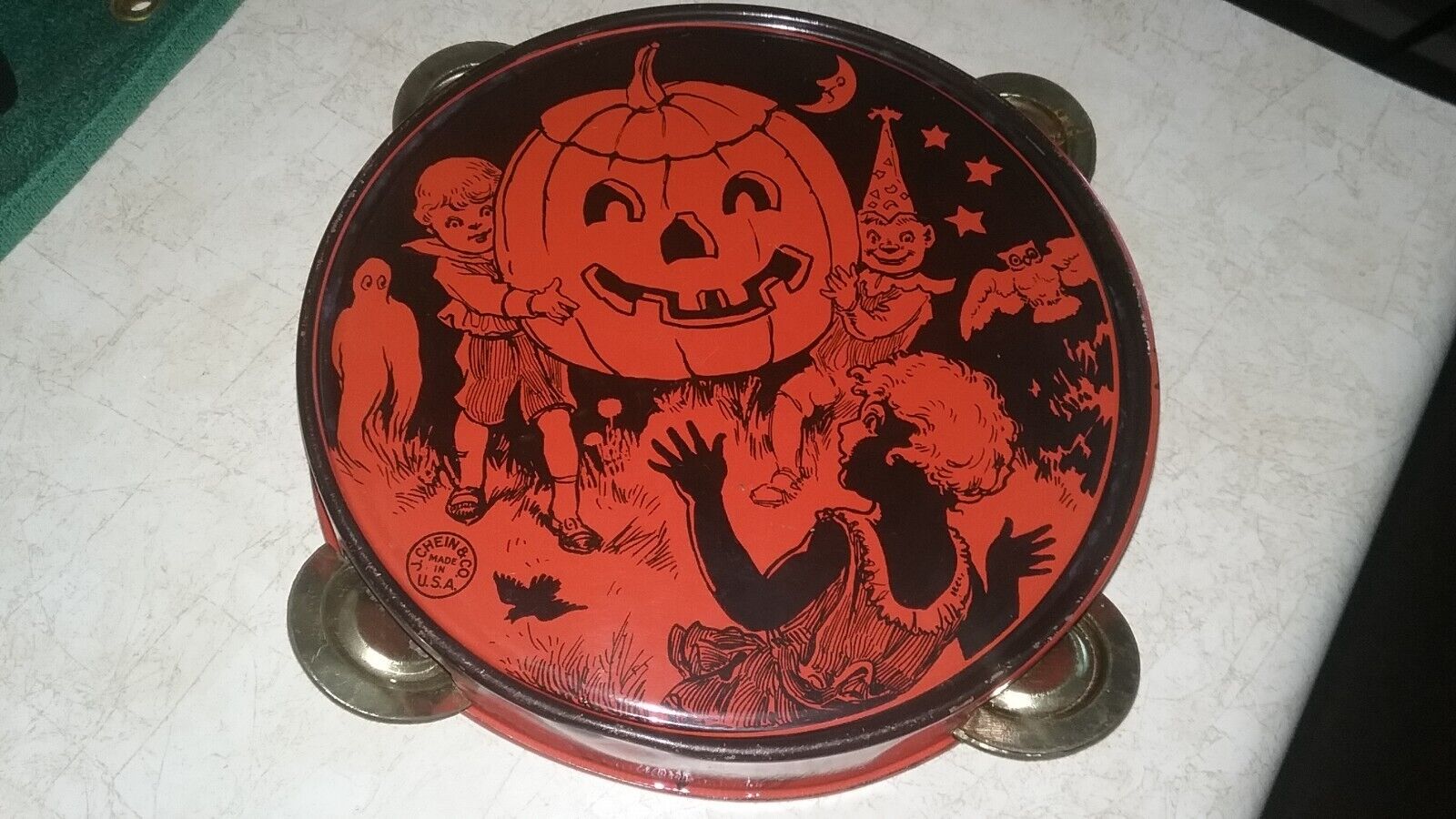 Vintage Rare J. Chein & Co. Halloween Tambourine Noisemaker Pumpkin Owl Cats