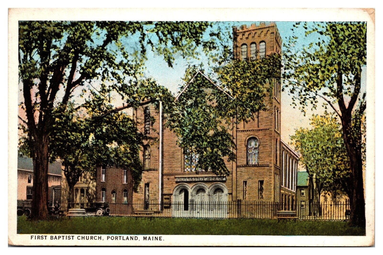 ANTQ First Baptist Church, Exterior, Street Scene, Portland, ME Postcard