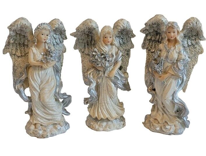 3 Set Angel Figurine Cornerstone Creations Silver & White Glitter Wings 4.5\