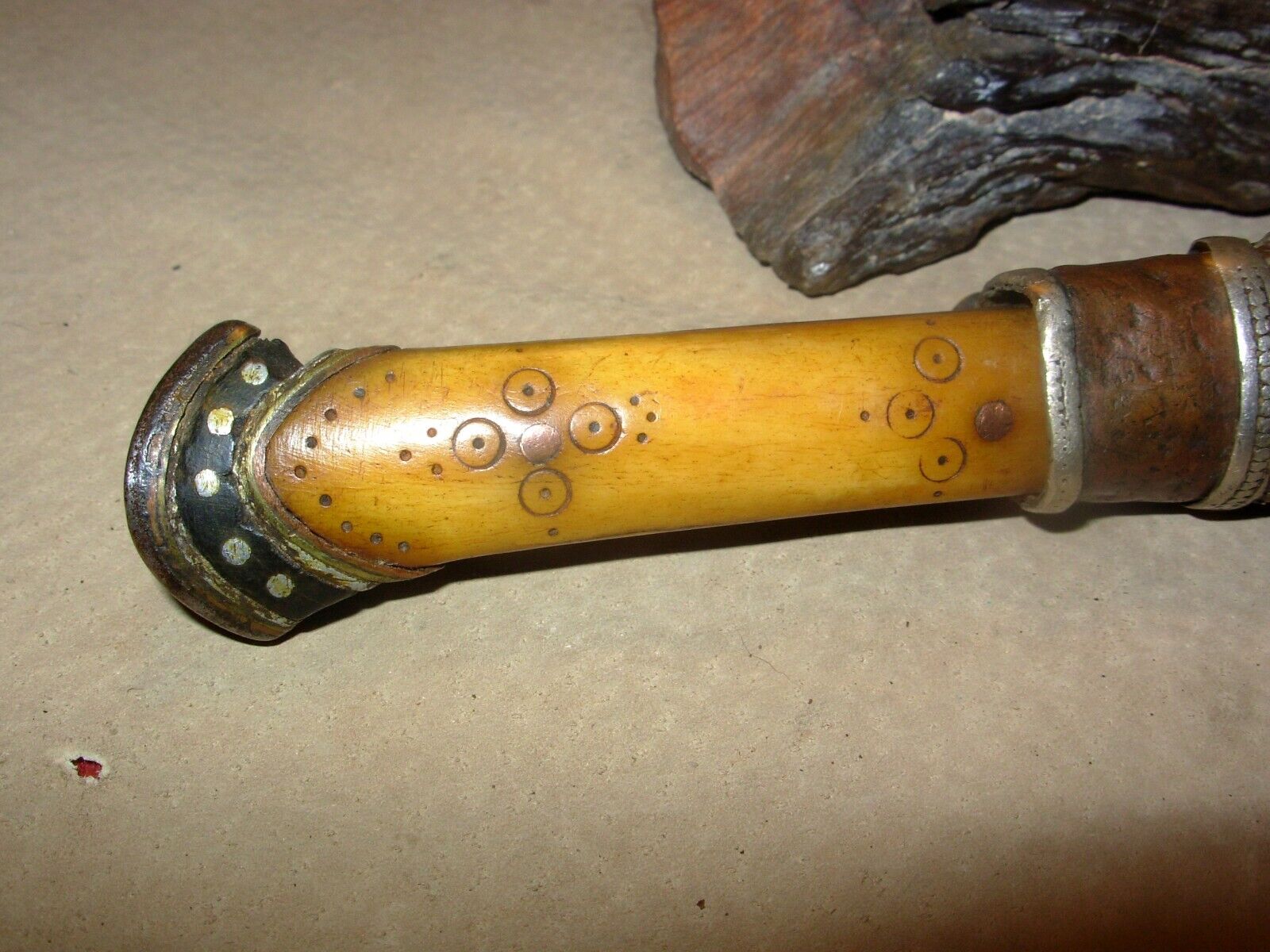 Antique 19th Century Asian Tibet Bovine Bone Knife-Sheath-Hand Forged-Rare