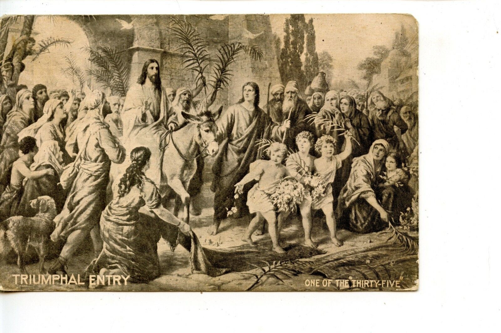 Triumphal Entry into City-Jesus on Donkey-Vintage 1912 Art Religious Postcard