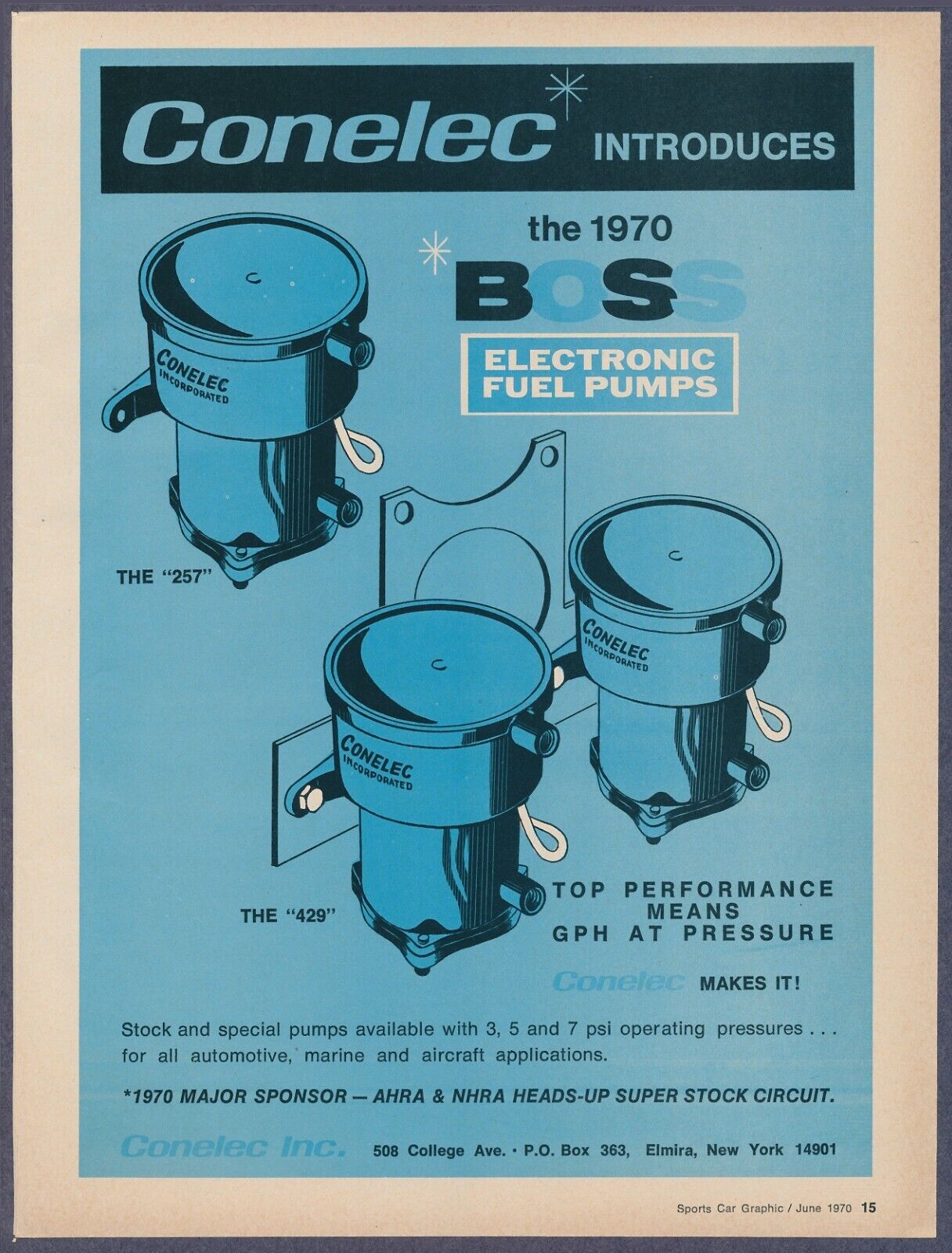Conelec Boss 257 429 Electronic Fuel Pump Vintage Print Ad 1970
