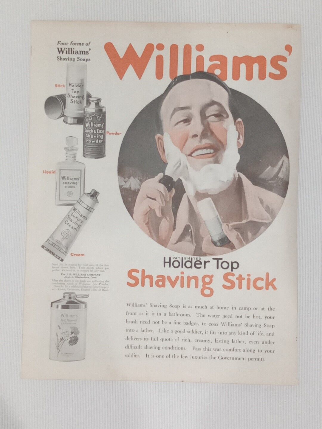 1914 Williams\' Shaving Stick Saturday Evening Post Print Ad Cream Soap Shaving