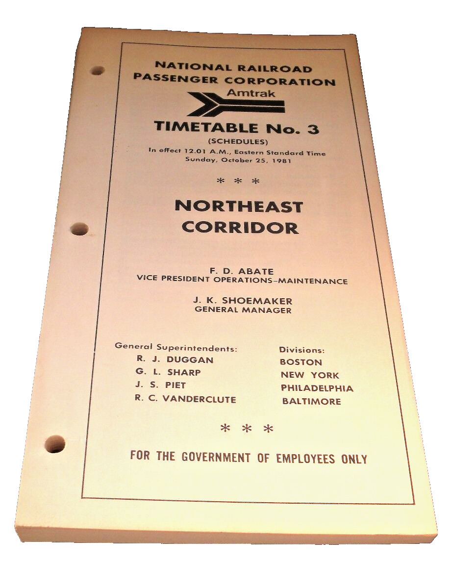 OCTOBER 1981 AMTRAK NORTHEAST CORRIDOR EMPLOYEE TIMETABLE #3 SCHEDULES 