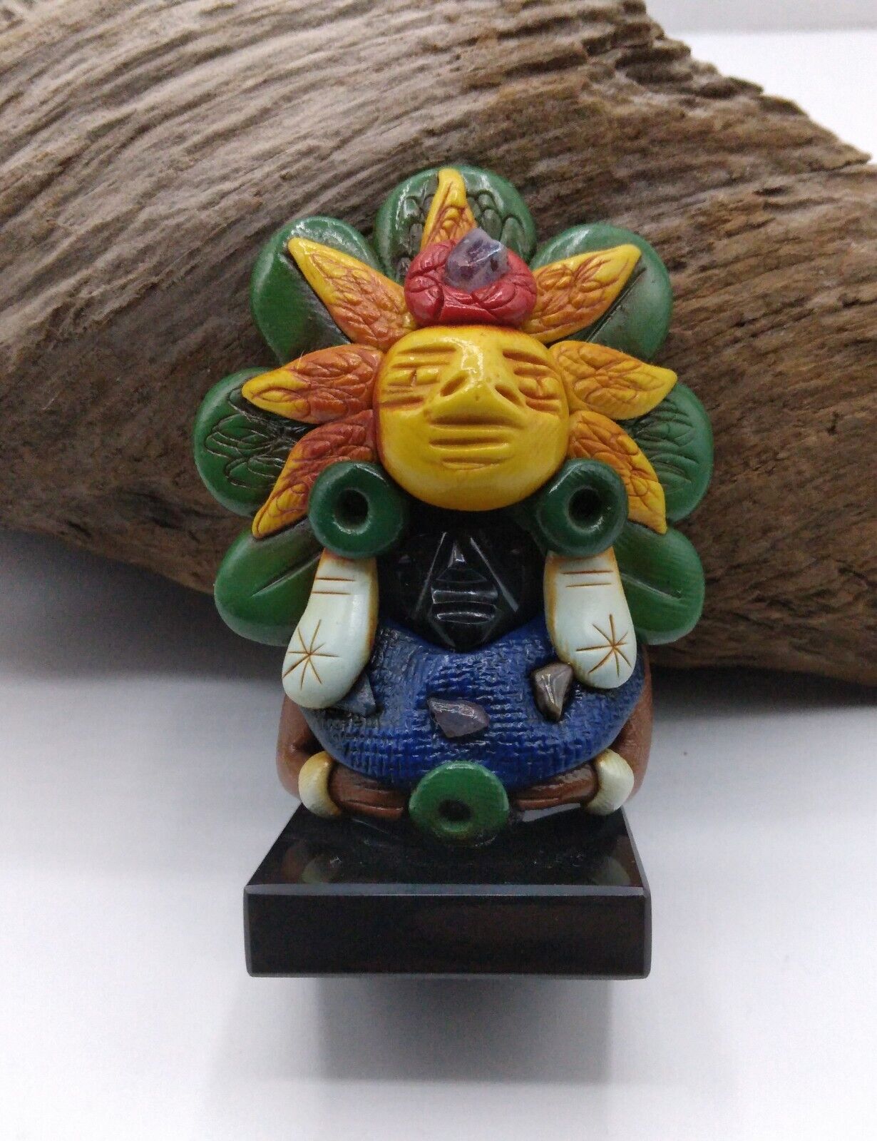 Aztec Mayan Chief Figurine Carved Obsidian And Clay Sun Headdress 3\
