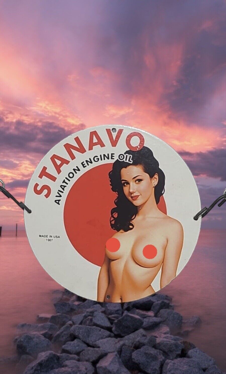 RARE STANAVO AVIATION PINUP BABE PORCELAIN GAS OIL STATION SERVICE PUMP AD SIGN